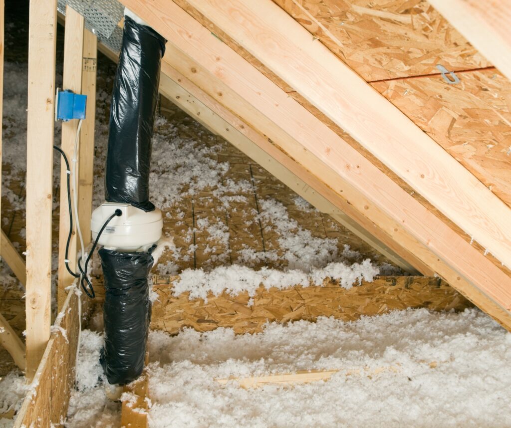 Attic Radon Vent Fan with Roof Trusses and Insulation